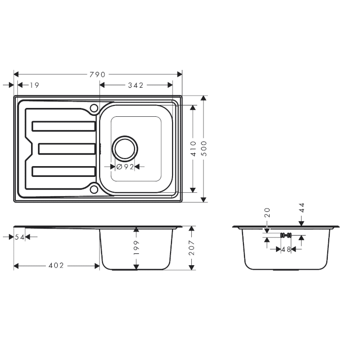Hansgrohe S44 S440-A342 79 Einbauspüle 342 mit Abtropffläche kurz und automatischer Ablaufgarnitur